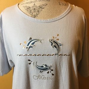 ‘MAUI’ Ladies Large, Casual Short Sleeve, Blue Round Top, Worn 1x Excellent Cond